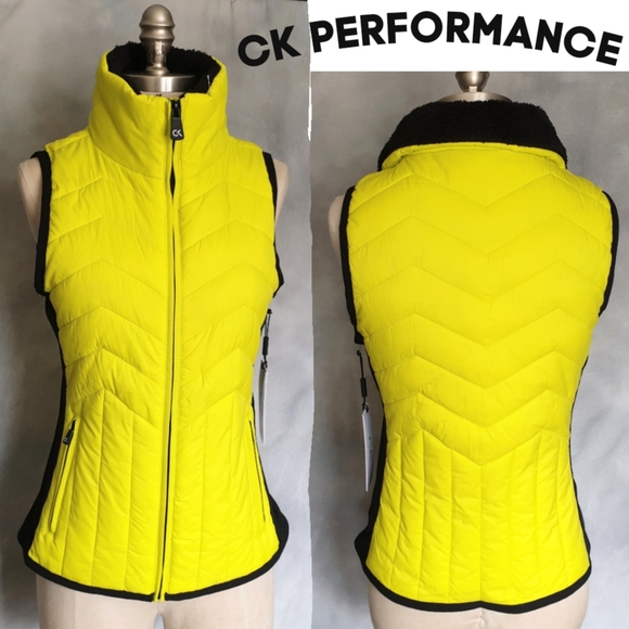 Calvin Klein Performance Neon Yellow & Blk Fleece Lined Mock Neck Puffer Vest XS - Picture 16 of 16